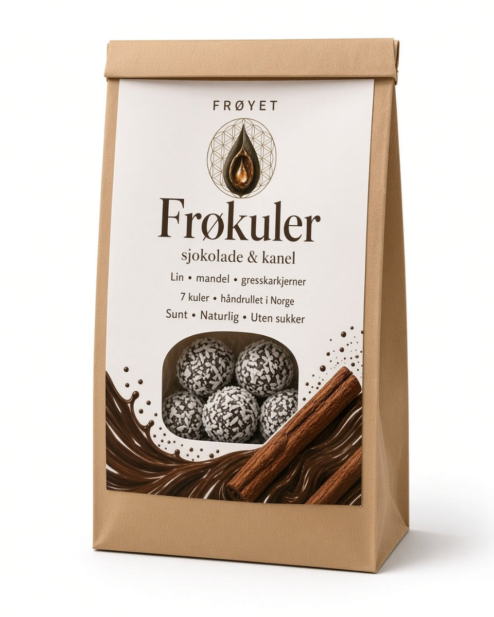 Pose FRØYET Frøkuler sjokolade og kanel med sju kokosdekkede kuler