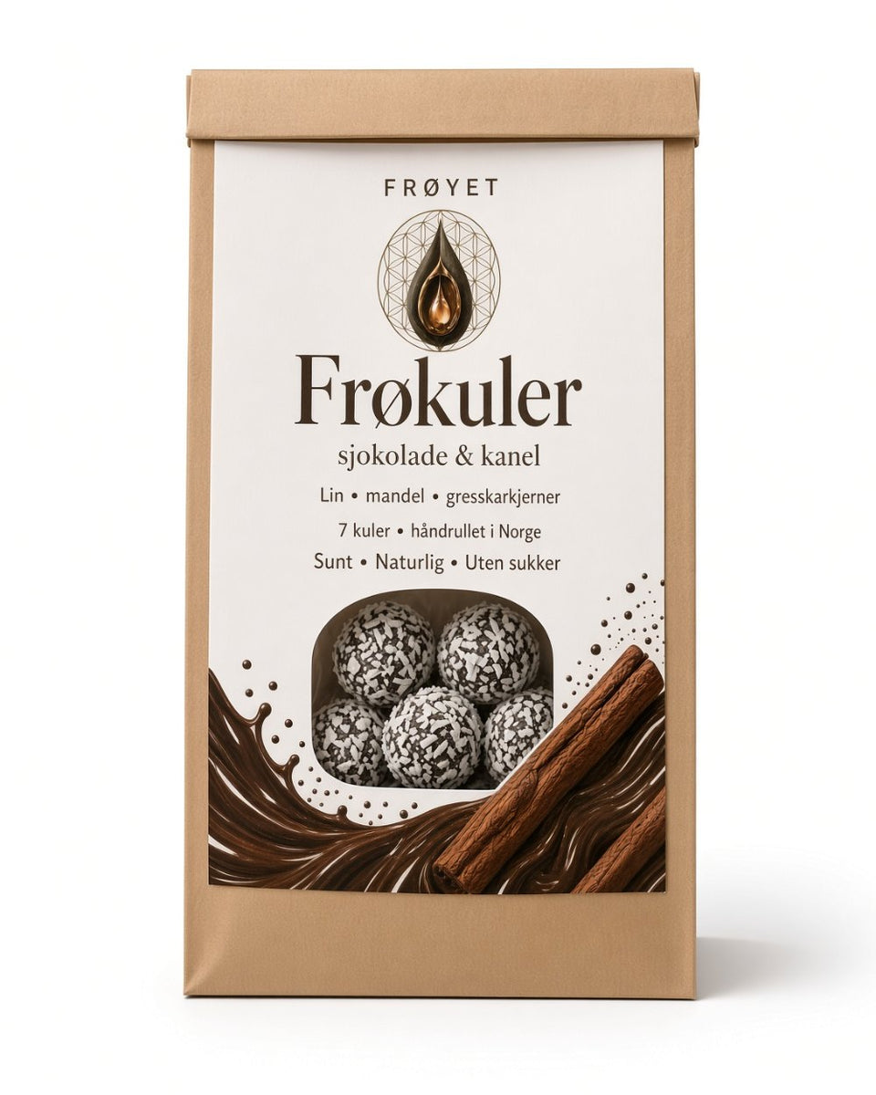 Pose FRØYET Frøkuler sjokolade og kanel med sju kokosdekkede kuler