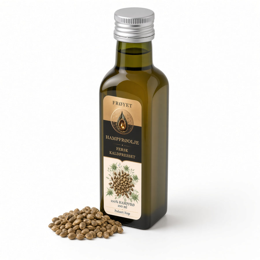 Flaske FRØYET hampfrøolje med hampfrø