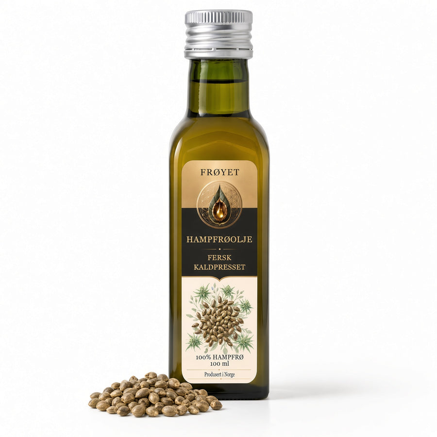 Flaske FRØYET hampfrøolje med hampfrø